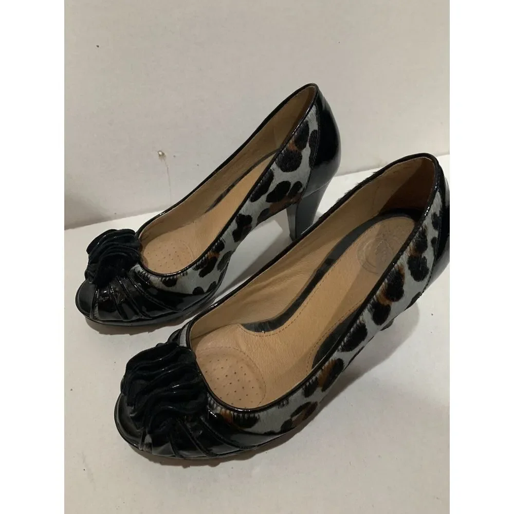 Nurture Womens Rosalind Black Leopard Pony Hair Leather Bow Heels Shoes 6 1/2‎